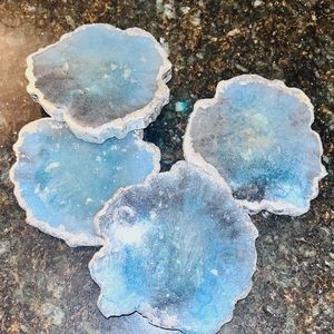 Geode Resin Coasters in Aqua, Light Blue, and Silver Leaf.. Handmade Set of 4